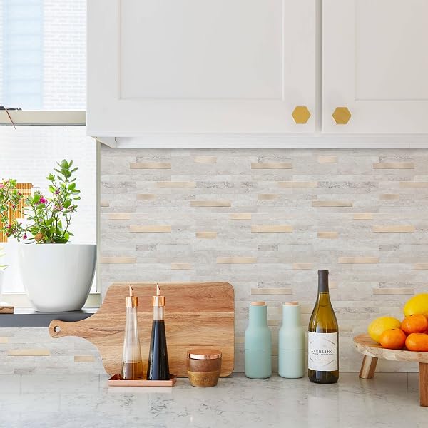 STICKGOO PEEL AND STICK BACKSPLASH, PVC WALL TILES STICK ON BACKSPLASH FOR KITCHEN(10 SHEETS, BEIGE WITH METAL GOLD)