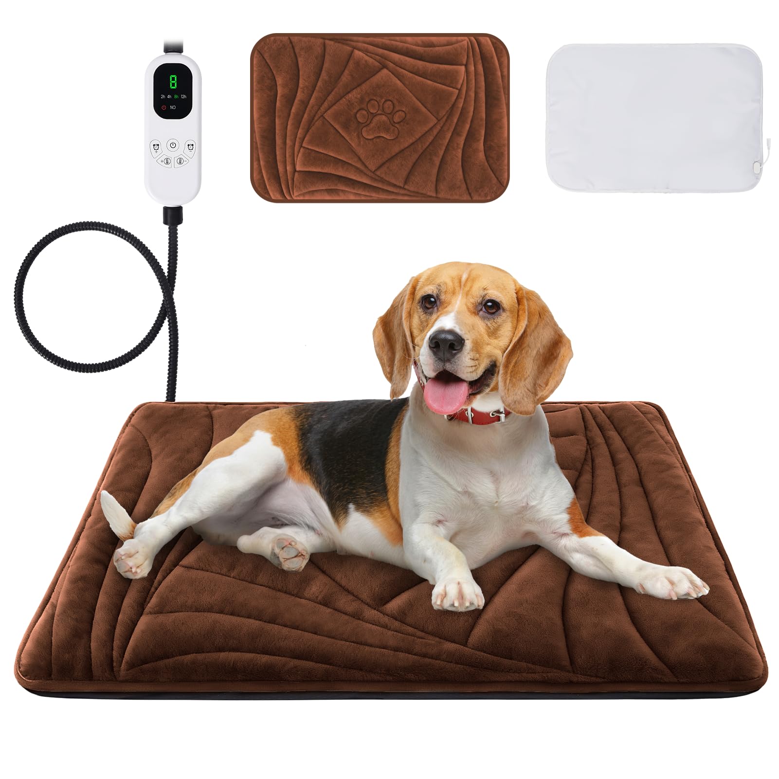 Petrendy Dog Heating Pad with Washable Cover, Soft Plush Pet Heating Pad with 9 Adjustable Temperature, Timer, Chew-Resistant Cord, Waterproof Electric Heated Pet Bed Mat for Dogs and Cats Indoor