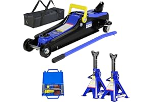HENF 4 Piece Car Truck Floor Jack Service with Jack Stands Tire Repair Kit for Garages, Automotive,Repair Shops and DIY, Portable, 2 Ton 4,000 lbs, Lifting Range 3.3" - 15.2", Heavy Duty Steel, Blue
