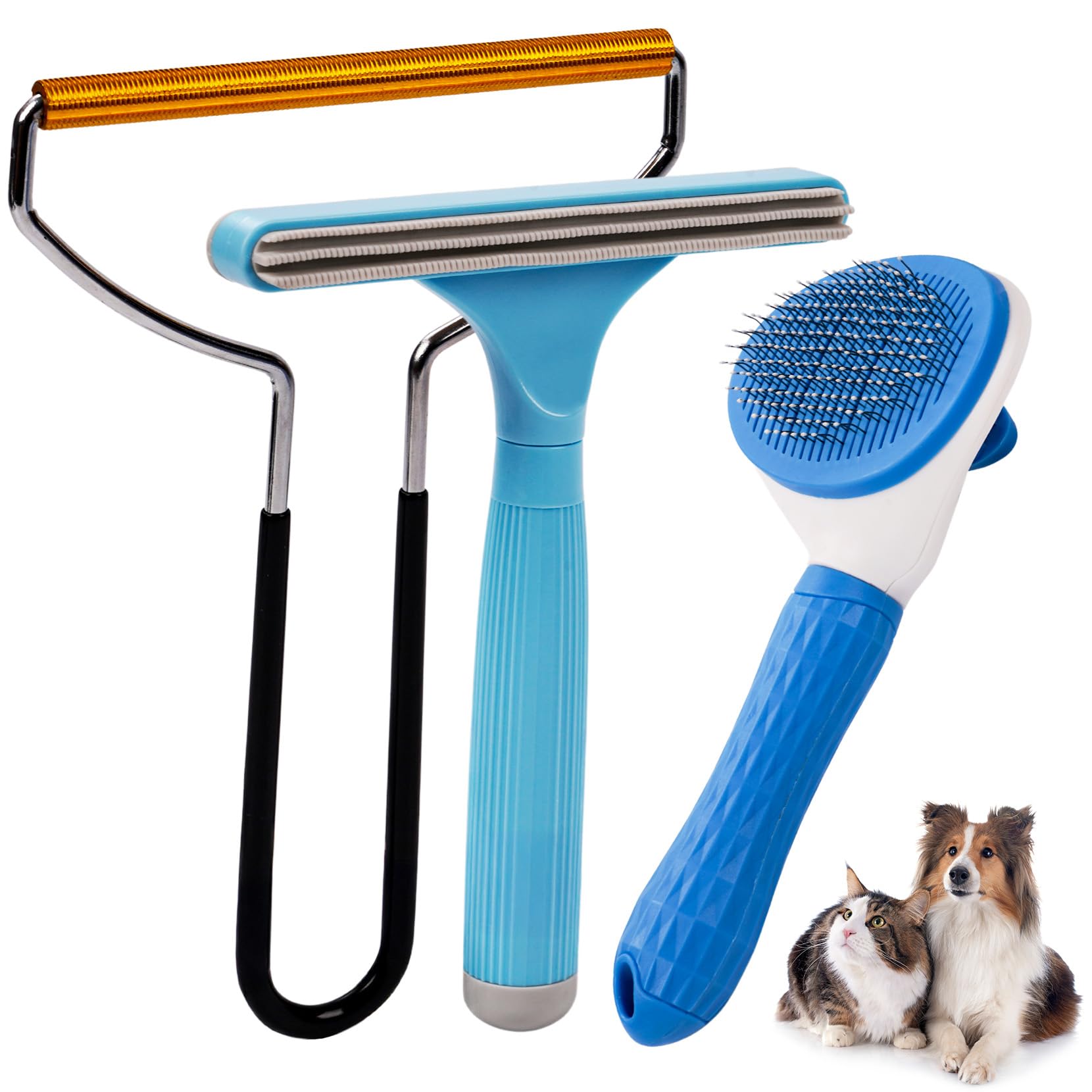 Photo 1 of 3 in 1 Analan Cat Brush Pet Hair Remover for Dog & Cat, Self-Cleaning Slicker Brush for Pet Grooming, Perfect Pet Hair Removal Tool for Furniture Carpets Couches and Bedding (Sky Blue)