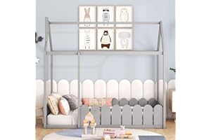 Harper & Bright Designs Twin House Bed Frame for Kids, Montessori Floor Bed Twin with Fence-Shaped Rails, Wood Twin Floor Bed Frames for Girls, Boys(Twin,Grey)