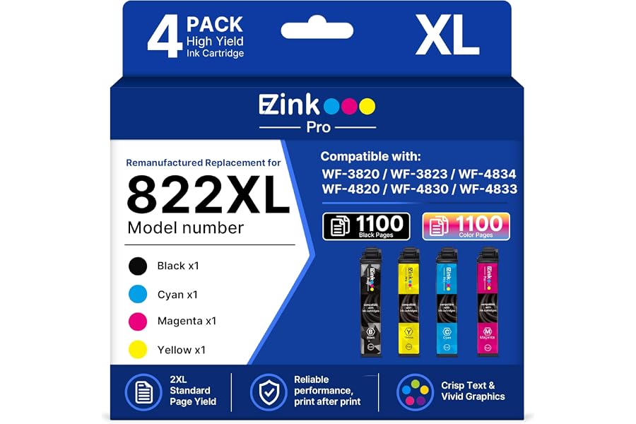 Remanufactured Replacement for 822XL for Epson WF3820 Printer Ink Cartridge | Compatible for Epson 822XL Ink Cartridges for Workforce Pro WF-3820 WF-3823 WF-4830 WF-4833 WF-4820 Printer (4 Pack BCMY)