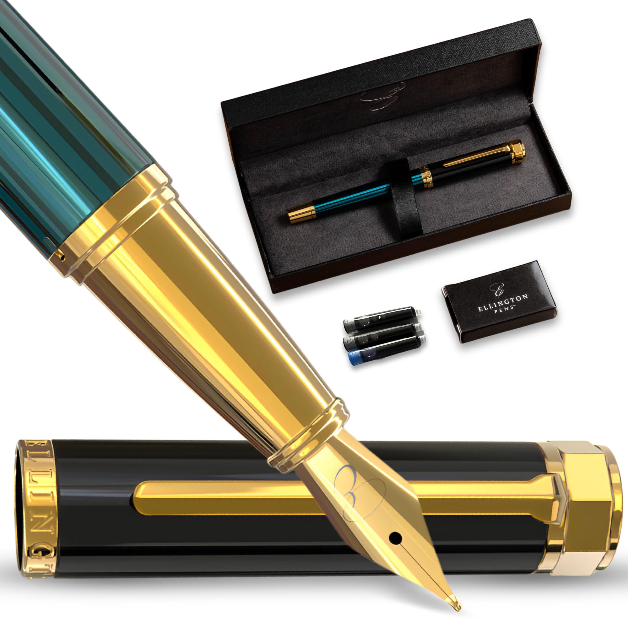 Ellington Pens Luxury Fountain Pen Set- Fountain Pens for Writing - Smooth Nib - Includes Refillable Ink Converter, 3 Ink Cartridges [2 Black & 1 Blue], Gift Box - Elegant Calligraphy — image 1