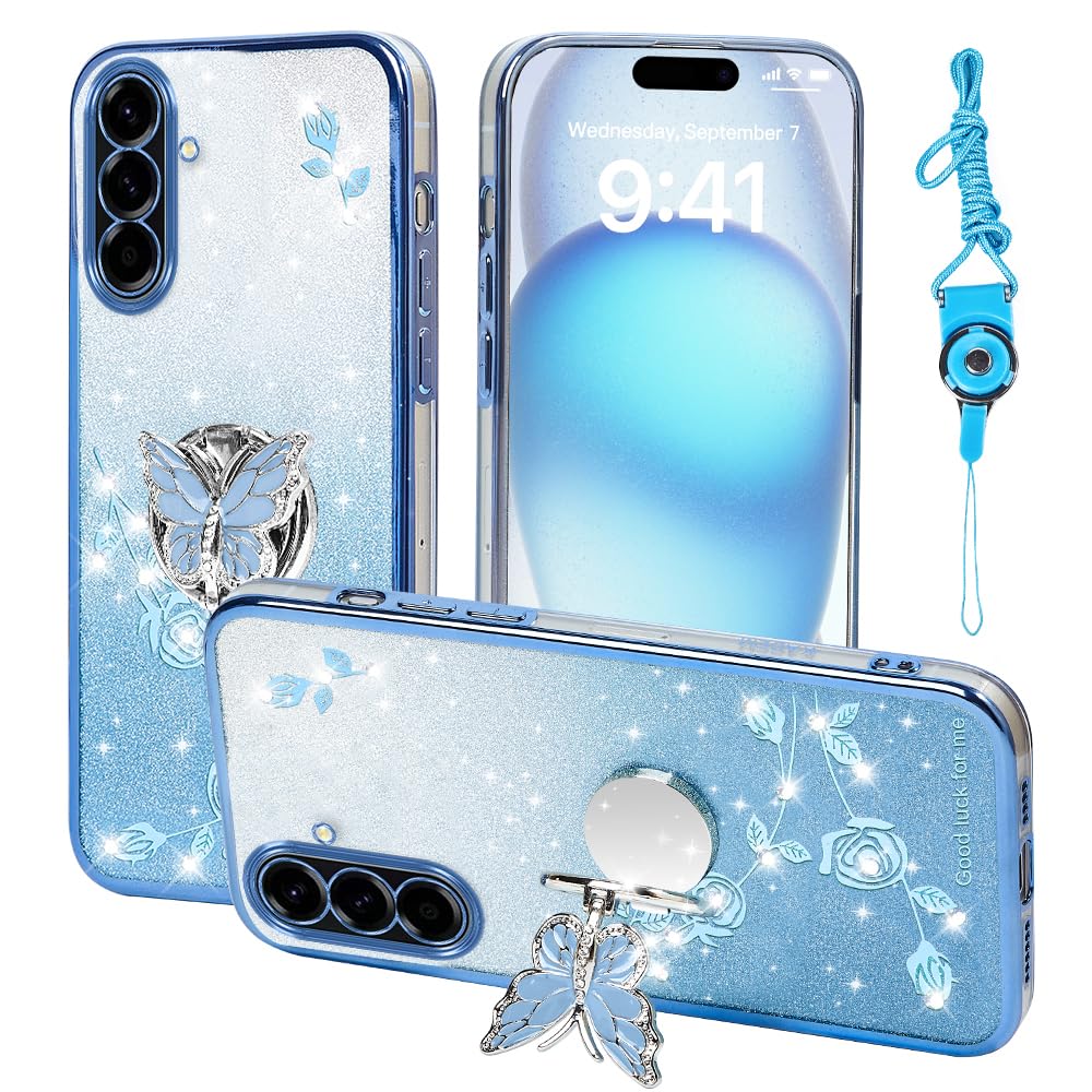 RTYQXK for Samsung Galaxy A56 5G Phone Case,for A56 Mobile Phone Case for Women and Girl, Glitter Butterfly Floral TPU Protective Cover with Kickstand+Strap for Samsung A56 (Blue)