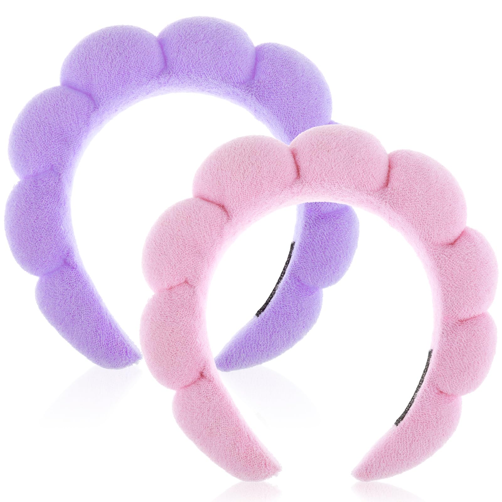 YUXIANLB Spa Headbands for Women, Set of 2 Sponge Headband for Washing Face or Facial, Skincare Headband Makeup Headbands for Women Terry Towel Cloth Fabric Puffy Shower Hair Accessory(Pink, Purple) — image 1