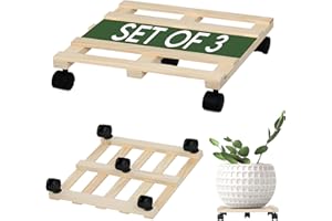 ZOES HOMEWARE 3 Pack Plant Stand with Wheels, 12" Wooden Square Rolling Plant Caddy with Wheels, 100 Lbs Heavy Duty Plant Rollers for Indoor & Outdoor Use