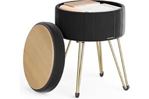 SONGMICS Vanity Stool Chair, Small Ottoman Stool with Storage, Velvet Makeup Stool, 15.4 Dia. x 17.5 H Inches, Ink Black ULOM