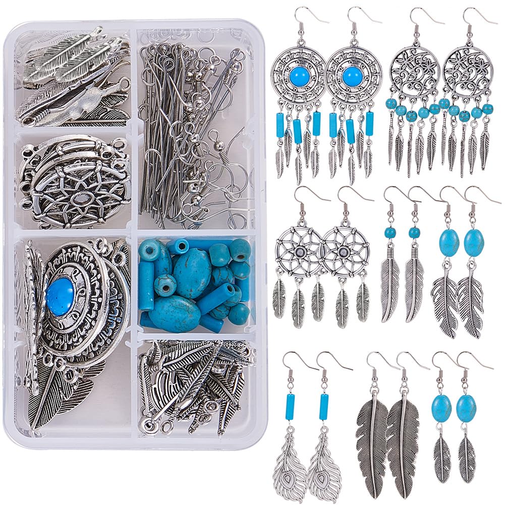 SUNNYCLUE 1 Box DIY 8 Pairs Feather Dangle Earrings Making Starter Kit Bohemian Tibetan Style Chandelier Connectors Charms with Turquoise Beads Supplies for Women Beginners Jewellery Making Kits