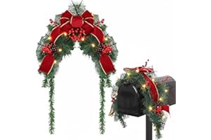 Suncalla 36 in Pre Lit Christmas Mailbox Swag Decoration Outdoor Accented with Deep Red Ribbon Bow, Red Berry, Pine Cones, and 2m Soft White LED Lights for Xmas Holiday Mantel Home Decor
