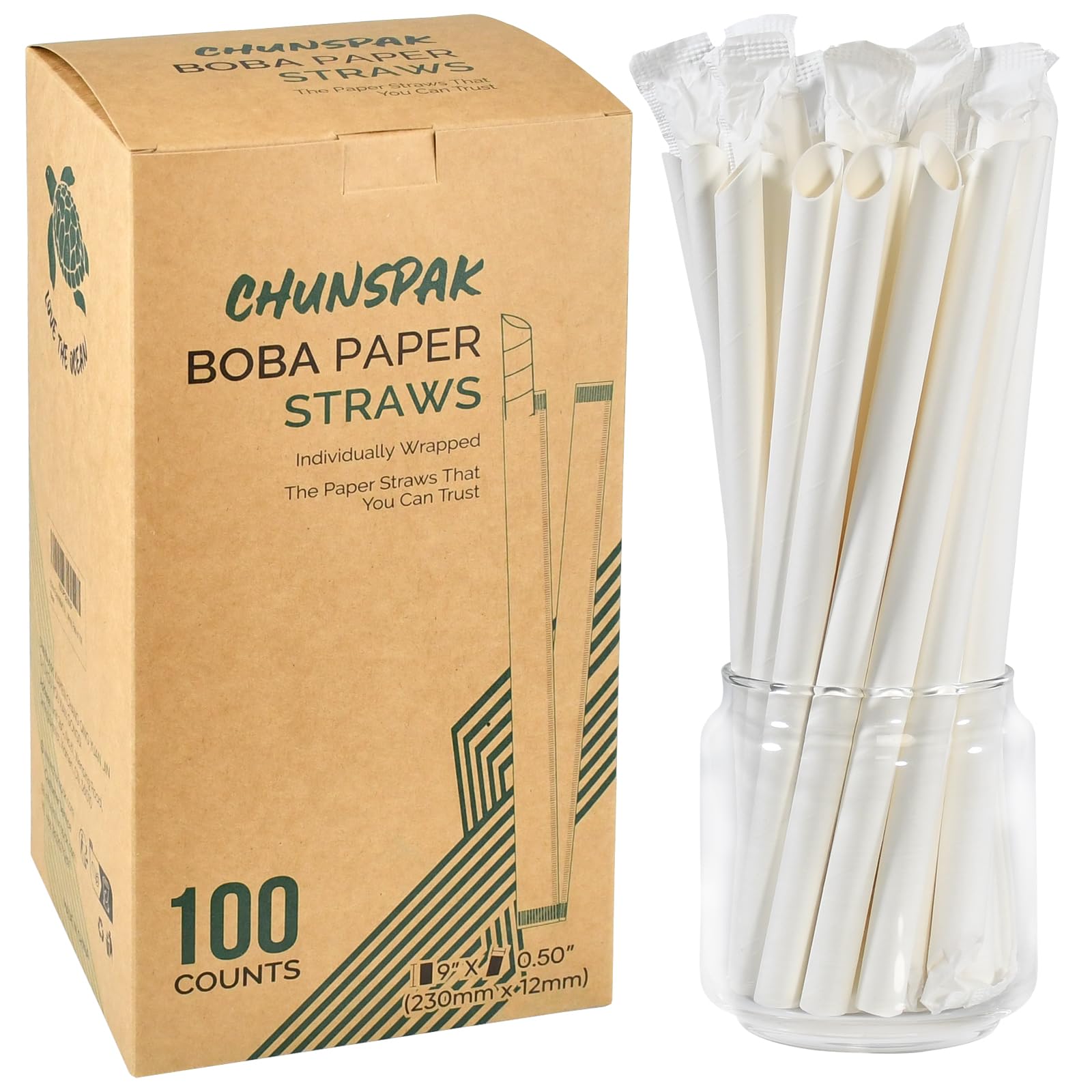 Lives on Green Biodegradable Disposable White Paper Boba Tea Straws, 23cm Long, 12mm Wide, Pointed End - Pack of 100, Individually Wrapped - Home & Restaurant
