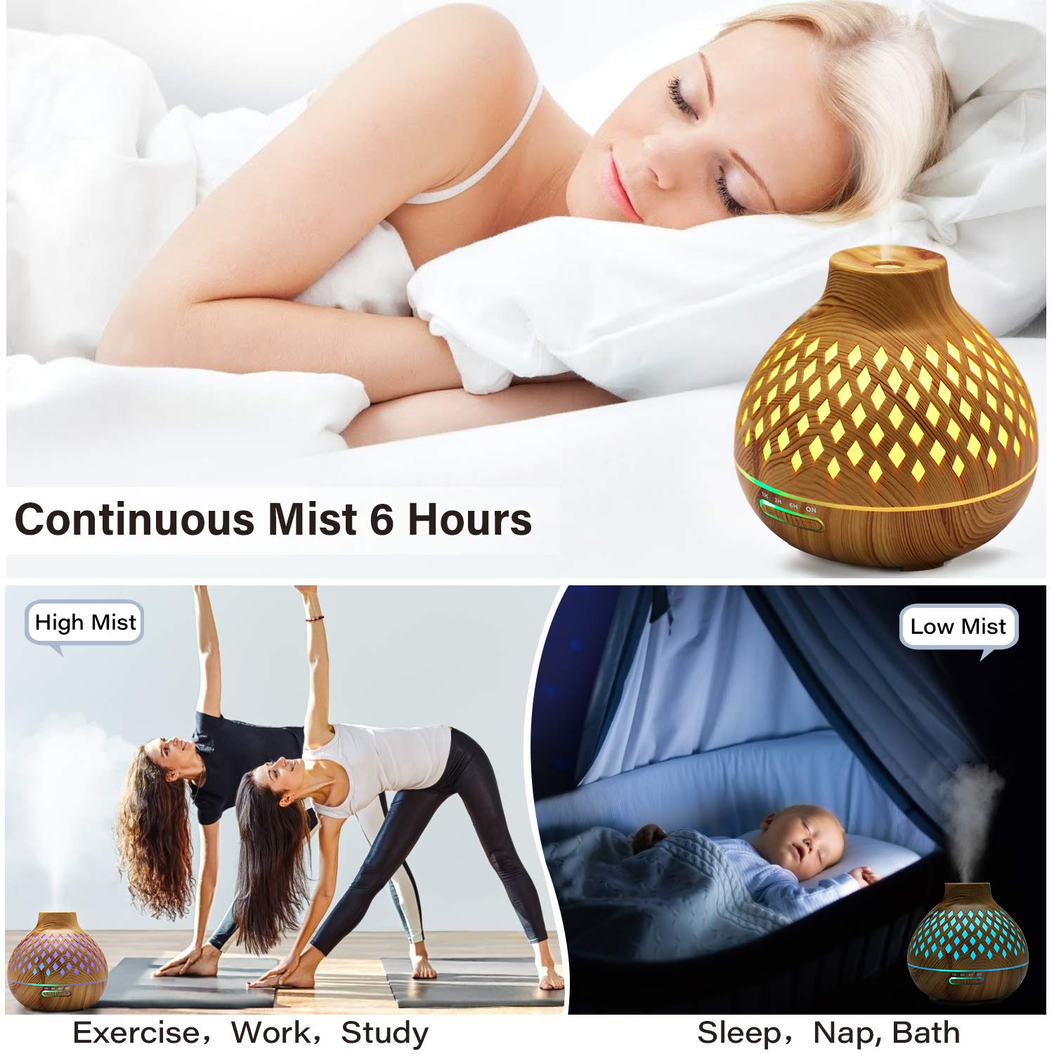 Essential Oil Diffuser with Oils, VSADEY 400ml Aromatherapy Diffuser with 8 Essential Oils Set, Diffusers for Essential Oils with 4 Timer & 7 Ambient Light Settings, Auto Shut-Off : Beauty