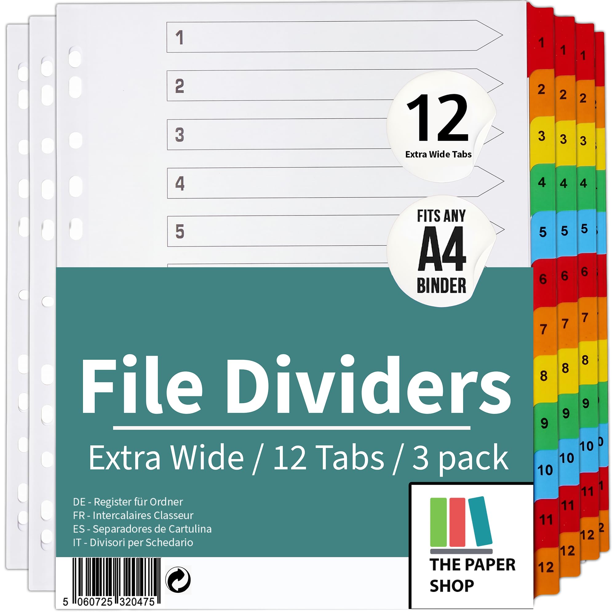 [3 Pack] A4+ Extra Wide 12 Part File Dividers A4+ Extra Wide 12 Part Numbered Subject Dividers Multipunched Reinforced Colour Tabs 150gsm