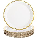 zisiueel 50 Pcs White Scalloped Paper Plates with Gold Foil 9 Inches Disposable Paper Party Plates for Cake Dessert Birthday Baby Shower Wedding Tea Party Supplies