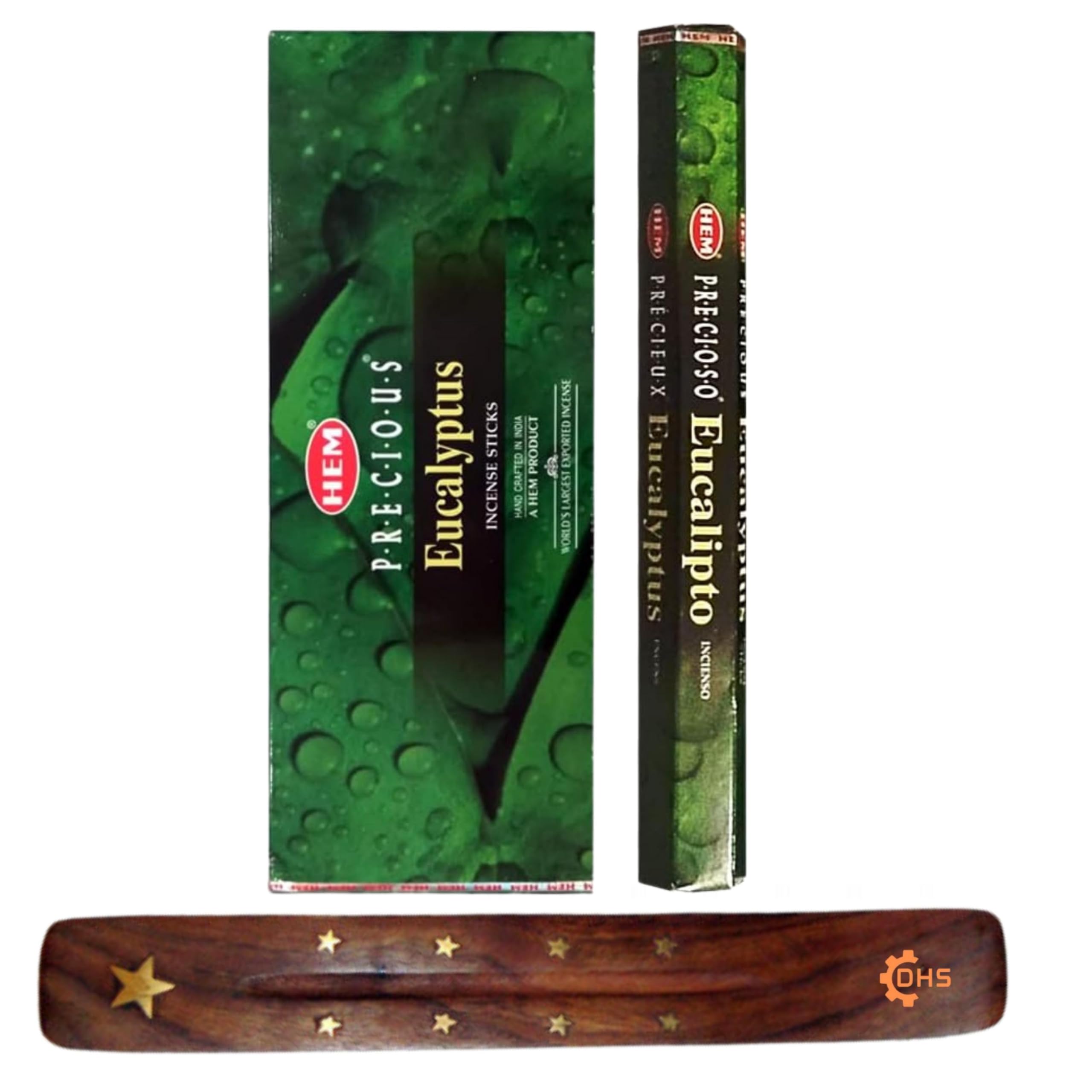 HEM Incense sticks PRECIOUS Eucalyptus Full box of 6 with DHS incense stick holder for Yoga, Meditation, Healing, Spirituality, Aromatherapy, Incense Spa and Relaxation…