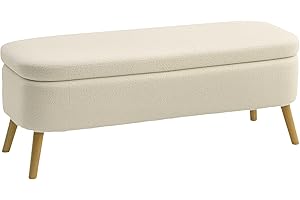 HOMCOM 47 Inches Storage Ottoman Bench, Foot Rest with Wooden Legs, End of Bed Bench, Upholstered Teddy Fleece Storage Chest 
