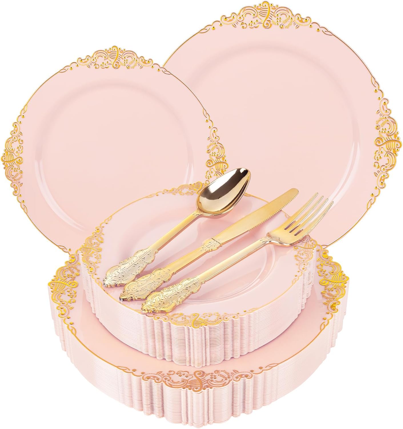 Photo 1 of ***MISSING PIECES -SELLING AS INCOMPLETE SET *** Joyido Pink and Gold Plastic Plates - Pink Disposable Plates - Vintage Plate with Gold Plastic Silverware Set for 25 Guests for Weddings Baby Shower Parties Mother's Day
