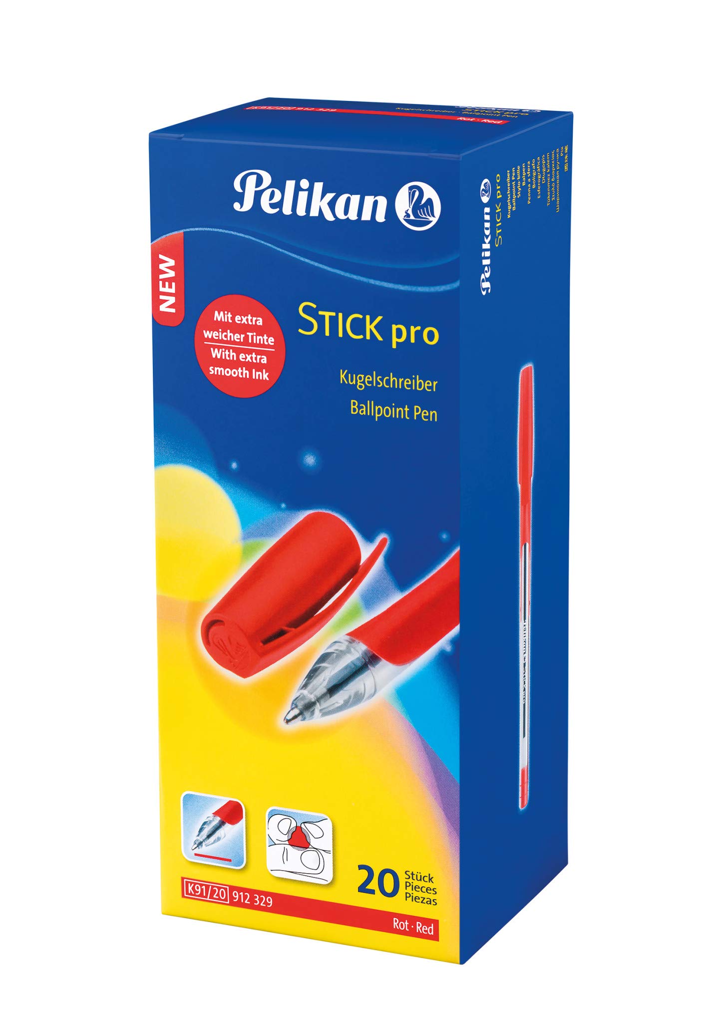 Pelikan 912329 Stick Pro Red Ball Pen with Soft Rubber Grip and Sliding Ink, Pack of 20