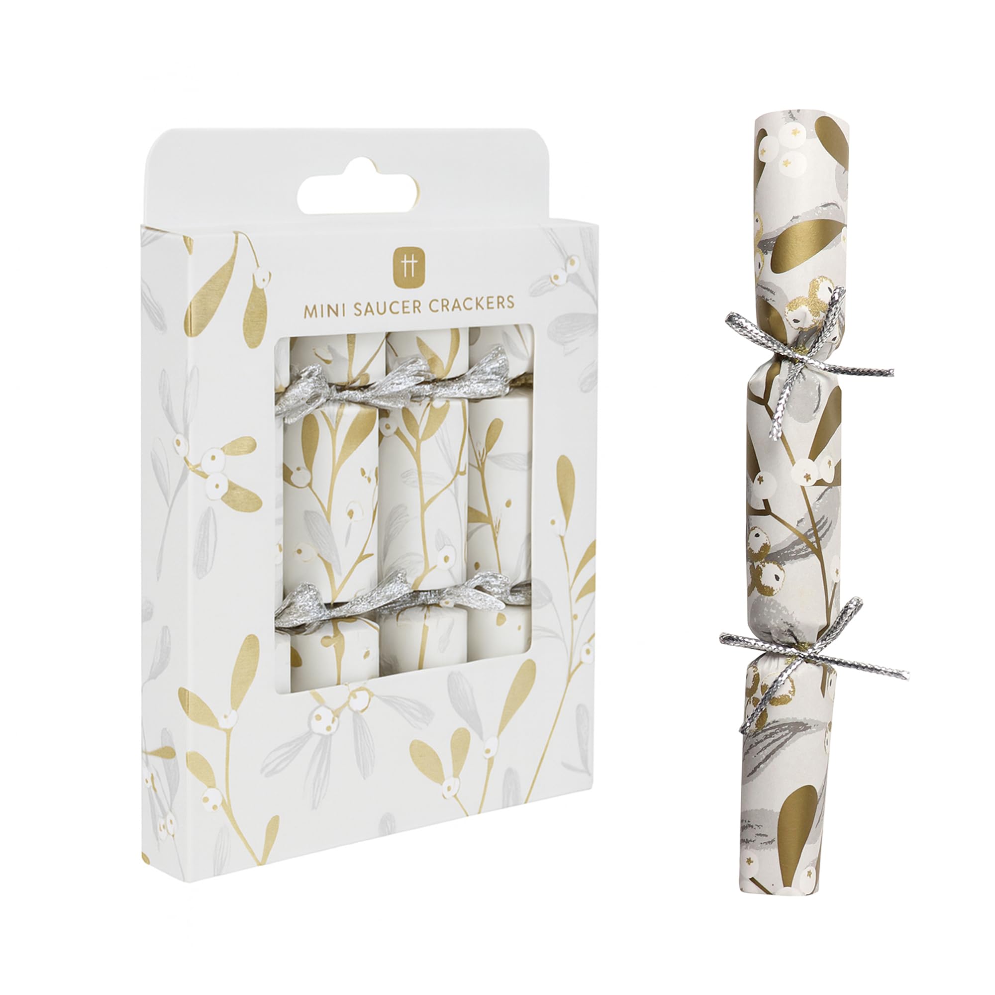 Talking Tables Cute Handmade Saucer Christmas Crackers for with Joke & Conversation Starter-8 Pack Silver and Gold Mistletoe Design | Eco Friendly Xmas Tableware,Recyclable,Mini Size