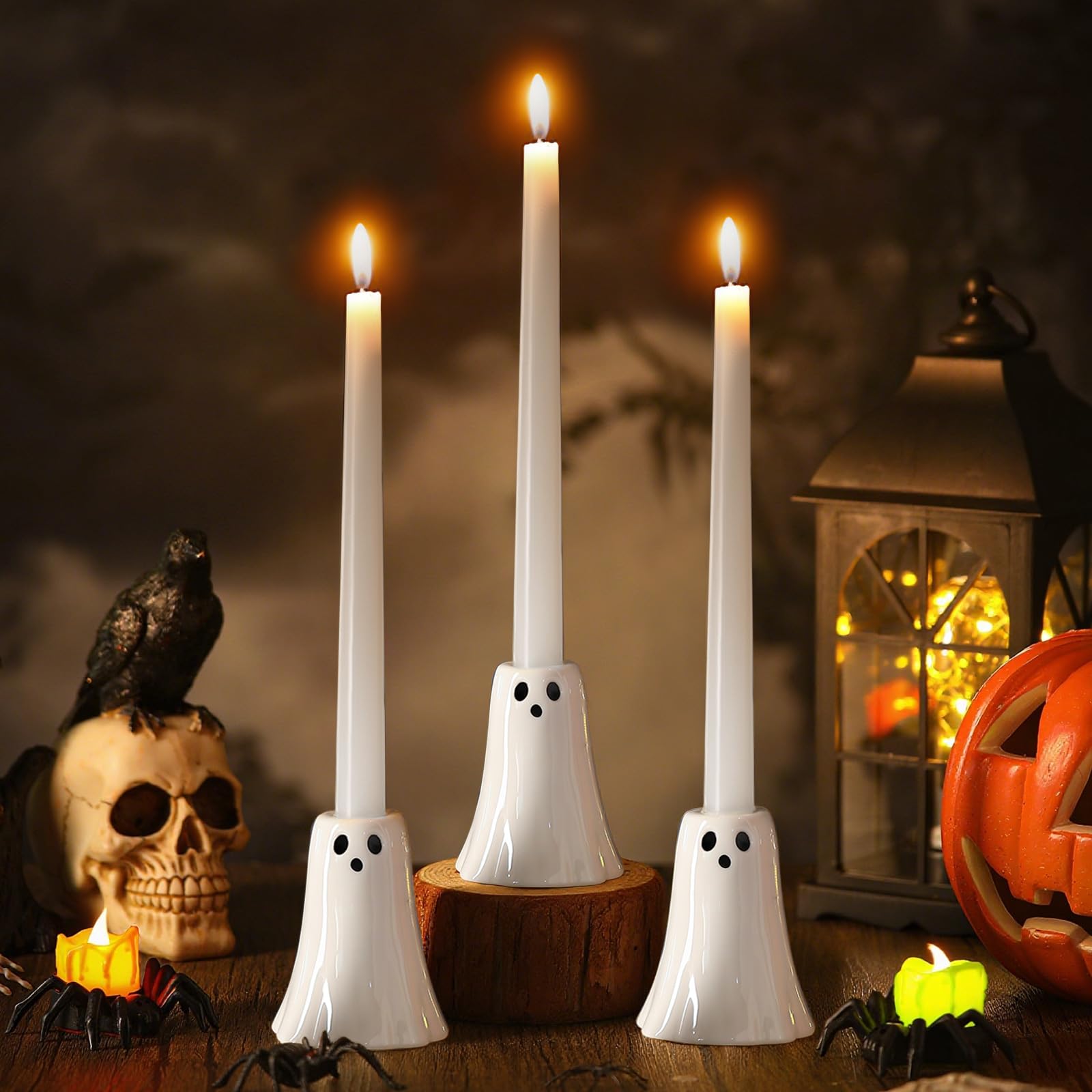 Photo 1 of Mumufy 3 Sets Halloween Ghost Candlestick Holders Cute Ghost Shape Candle Stick Holders Ceramic Taper Candle Holder for Halloween Party Holiday Office Home Table Centerpiece Decor Friends Gift