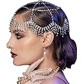 NAISKA 1920s Mesh Rhinestone Headband Cap Silver Tassel Crystal Head Chain Wedding Brides Headpieces Vintage Prom Costume Halloween Style Hair Accessories Jewelry for Women and Girls