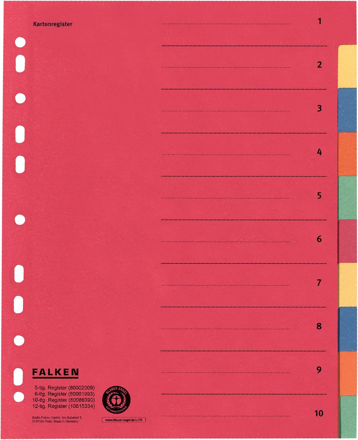 Original Falken cardboard registers extra wide for DIN A4+ 240 x 297 mm full height with organisational print 10 pieces full colour 2 x 5 colours for filing brochure pockets