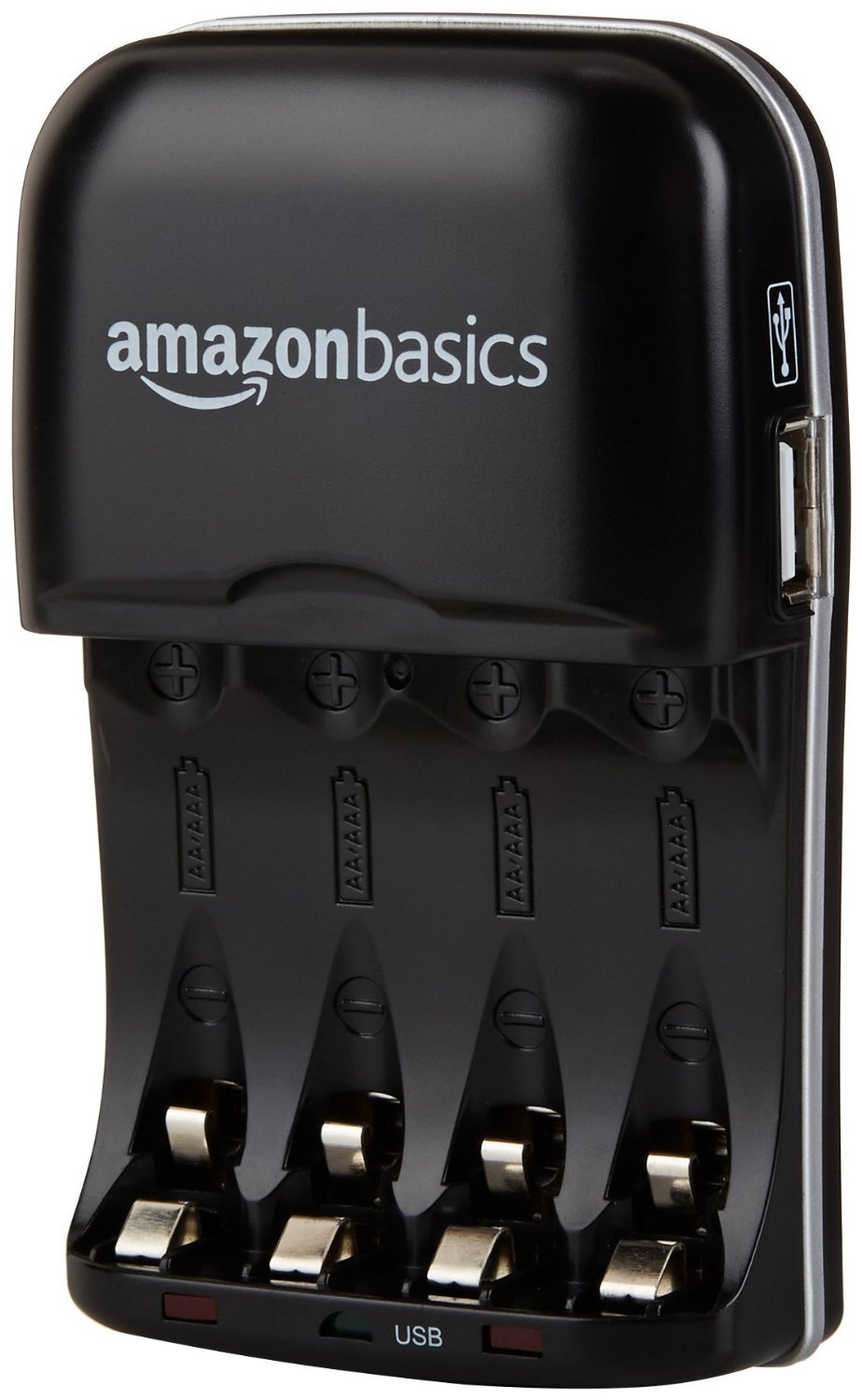 Amazon Basics 4 Slot Ni-MH AA & AAA Battery Charger With Indicator LEDs, With USB Port, Black