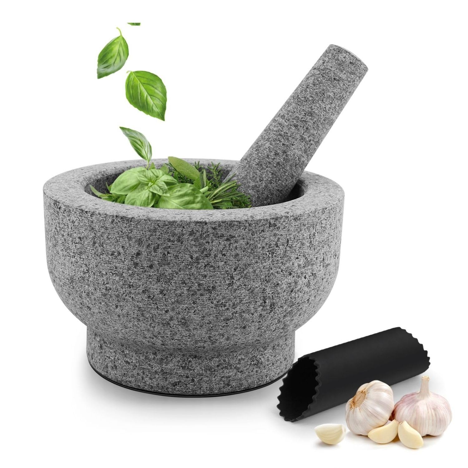 Flexzion Granite Mortar and Pestle Set, 4 Cup Large Mortar and Pestle Molcajete Bowl Stone Grinder Bowl Muddler and Bowl with Garlic Peeler and Non-Slip Mat for Guacamole, Herbs, Spices, Gray
