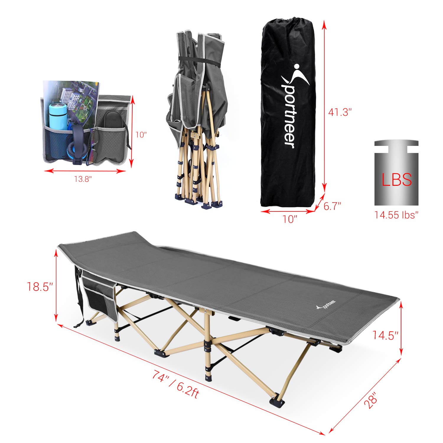 Sportneer Camping Cot, Max Load 450 LBS, 2 Side Large Pockets Portable