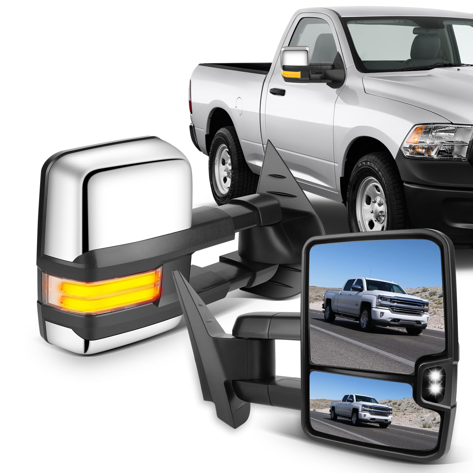 ECCPP Towing Mirrors, Pair of Chrome Exterior Automotive Mirrors fit for 2008-2013 Chevy Silverado GMC Sierra with Dynamic Running Lights Arrow Signal Reversing Lights Power Operation Heated