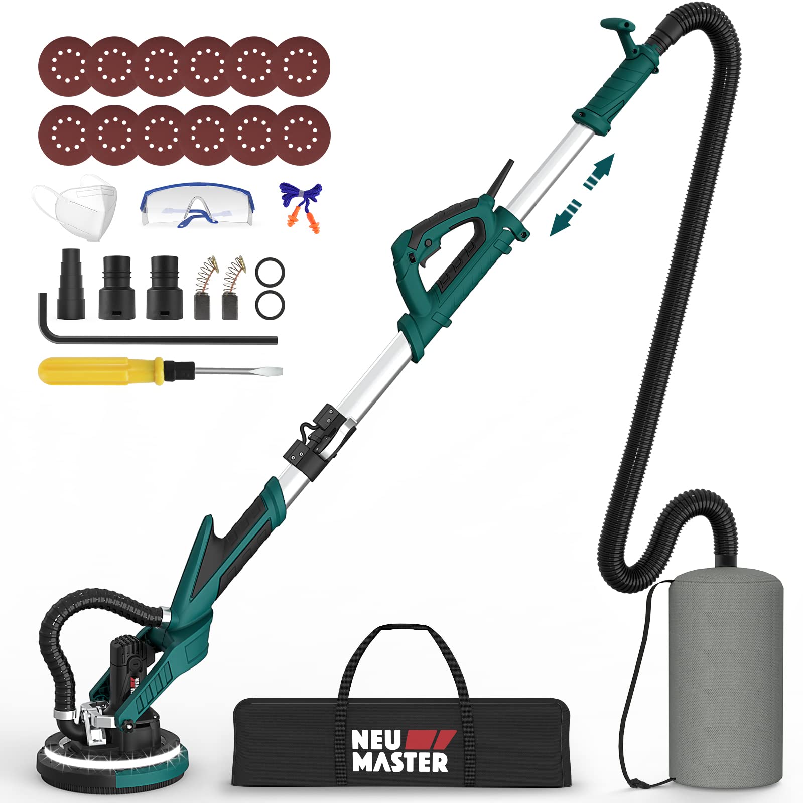 NEU MASTER Drywall Sander, Electric Drywall Sander Variable Speed Popcorn Removal Tool with Vacuum, 900-1800RPM Foldable Ceiling Sander with 12 Sanding Discs, LED Light, Extendable Handle, Dust Bag