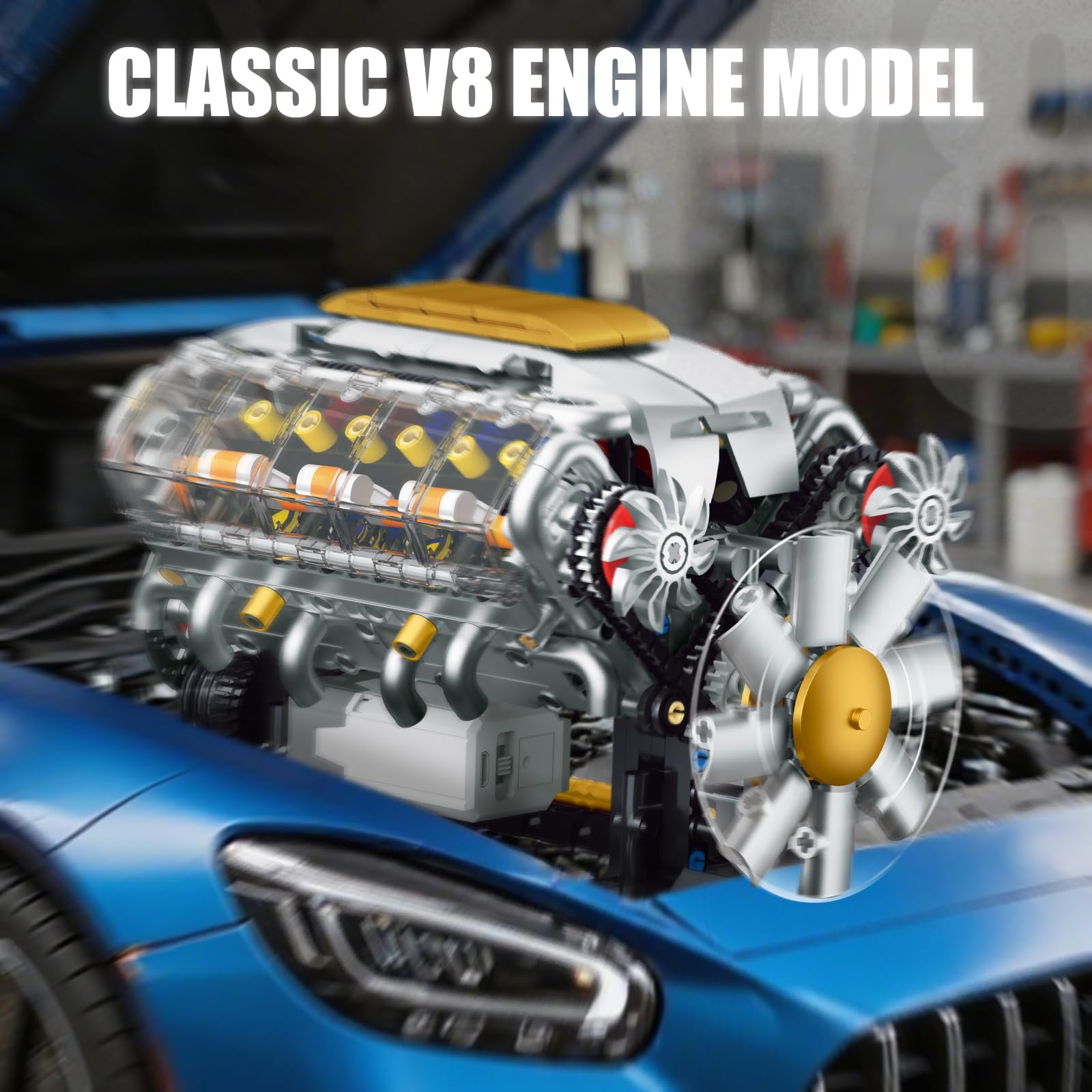 Technik V8 Motor Bausatz Modell Klemmbausteine, Ideas Mini V8 Eigene Modellbausatz für Erwachsene, Kompatibel mit Lego Set, STEM Spielzeug Geschenk für Auto Fans und Jungen ab 14 Jahren (703 Teile) 7