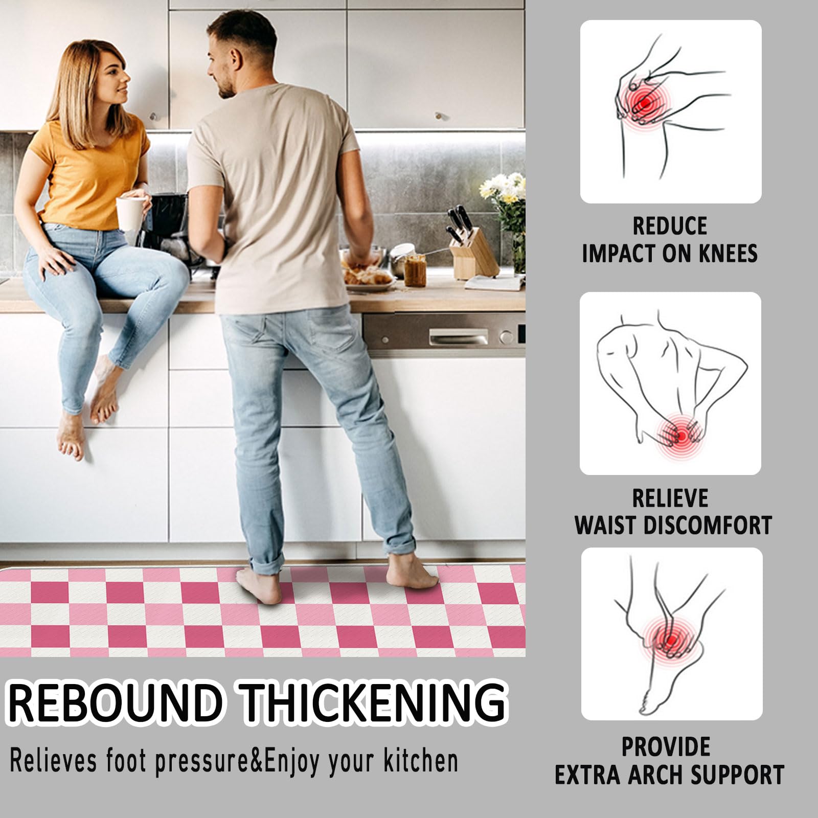 Bulijojo Pink Plaid Anti Fatigue Kitchen Floor Mats Set of 2 Waterproof Kitchen Sink Runner Rug Standing Mat Cushioned Kitchen Rugs Comfort Doormat 17"x47"+17" x30“ - Image 4