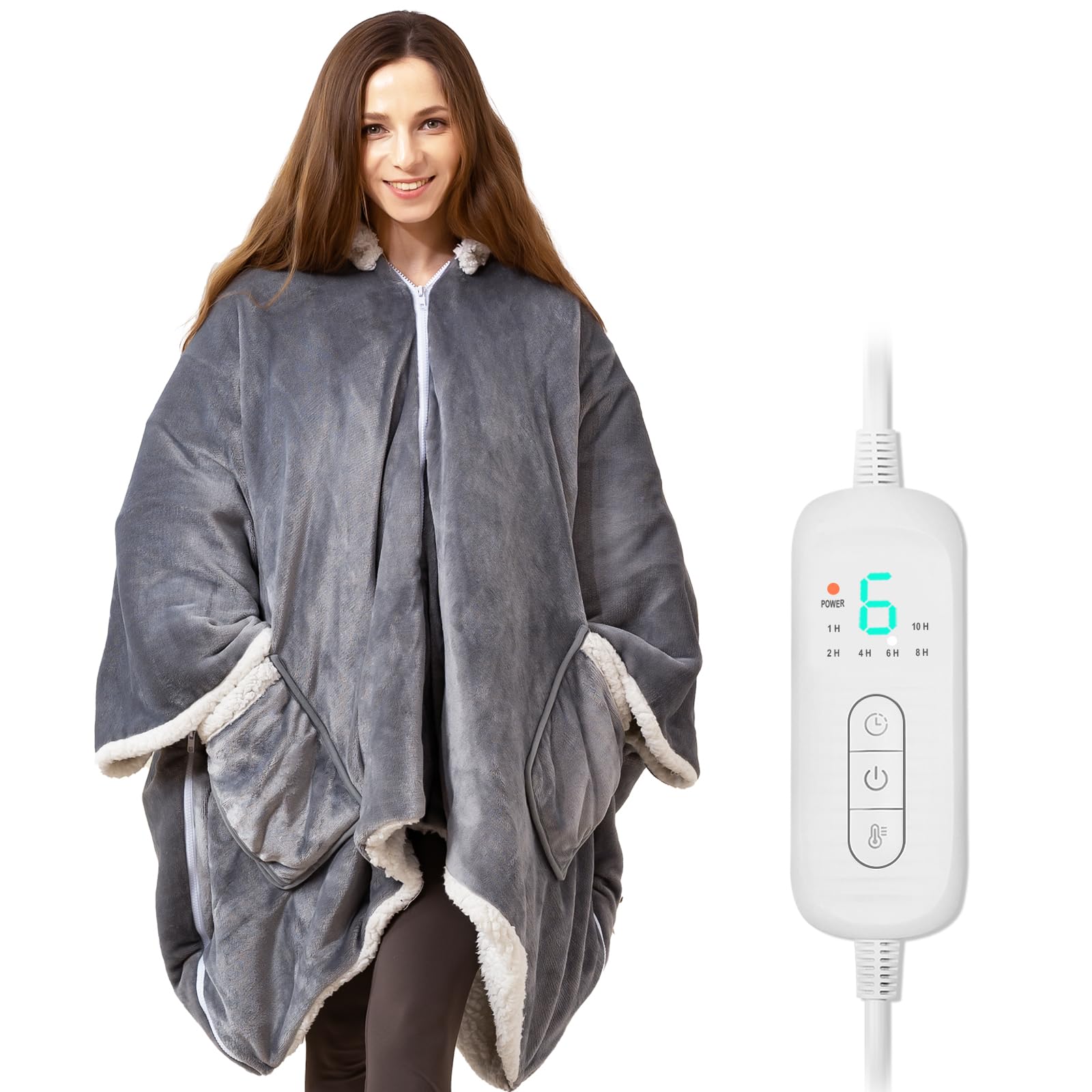 Photo 1 of Wearable Heated Blanket Heated Shawl, Electric Throw Blanket with Zipper Design, Hood, Heated Hoodie Blanket with 8 Heat Levels, 1-10H Auto-Off Time Settings, Gift for Family, Friends, 60 * 50"