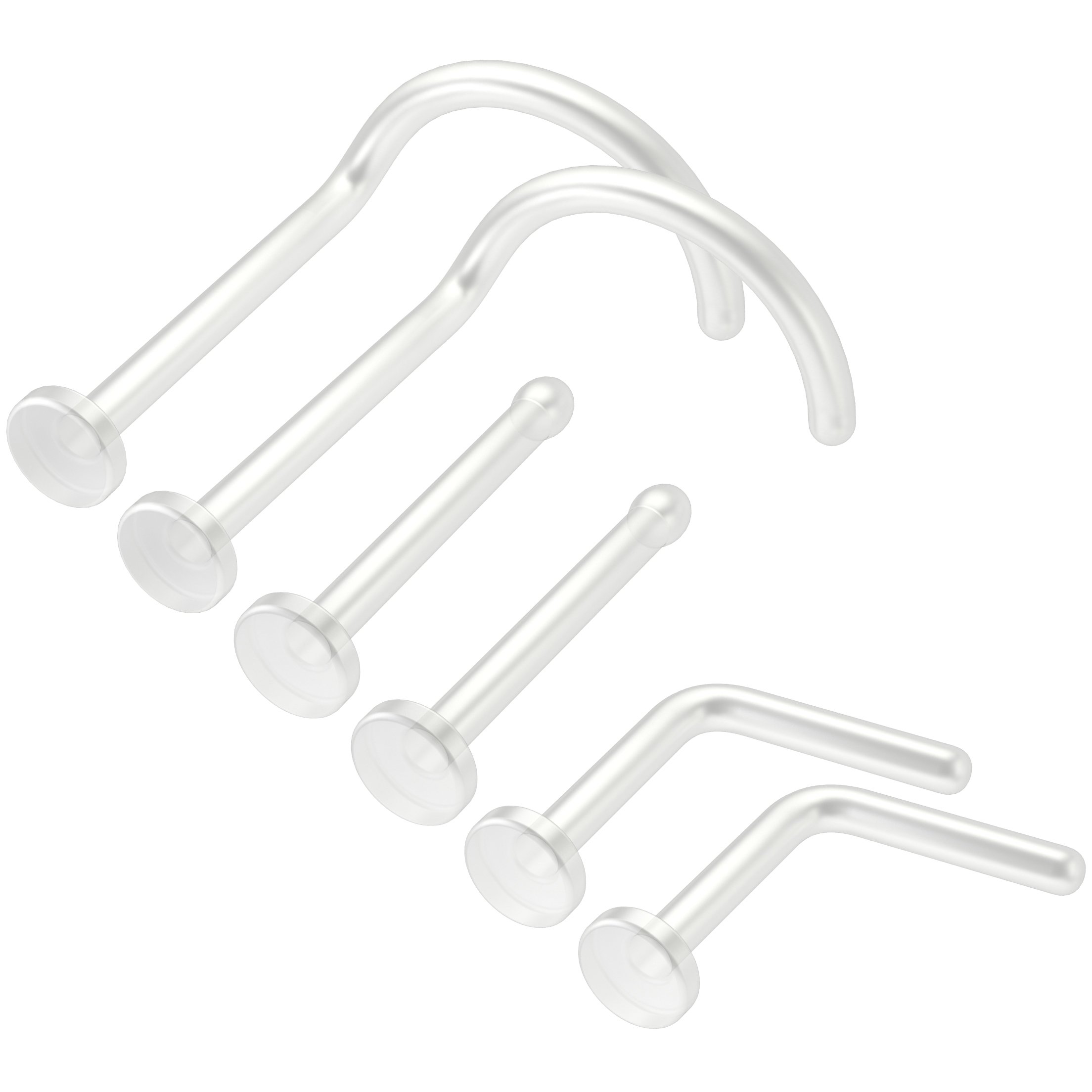 6pc 20g 0.8mm Nose Bar Piercing Jewellery Clear Retainer Keeper Bioflex Flexible Bendable Nostril L-Shaped Screw Stud