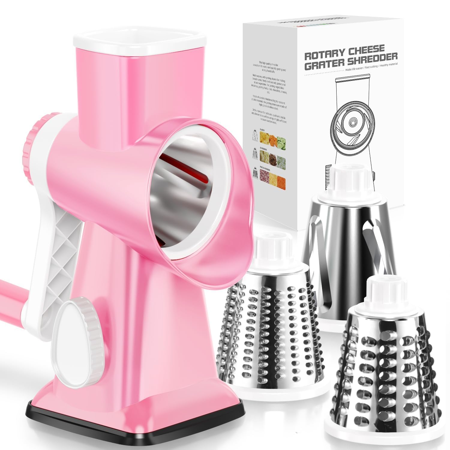 Photo 1 of KEOUKE Rotary Cheese Grater Hand Crank Pink - Shredder Slicer Grinder 3 Stainless Steel Blades, Stable Suction, Labor-Saving Handle, Safe Kitchen Tool for Cheese, Vegetable, Nuts, Chocolate
