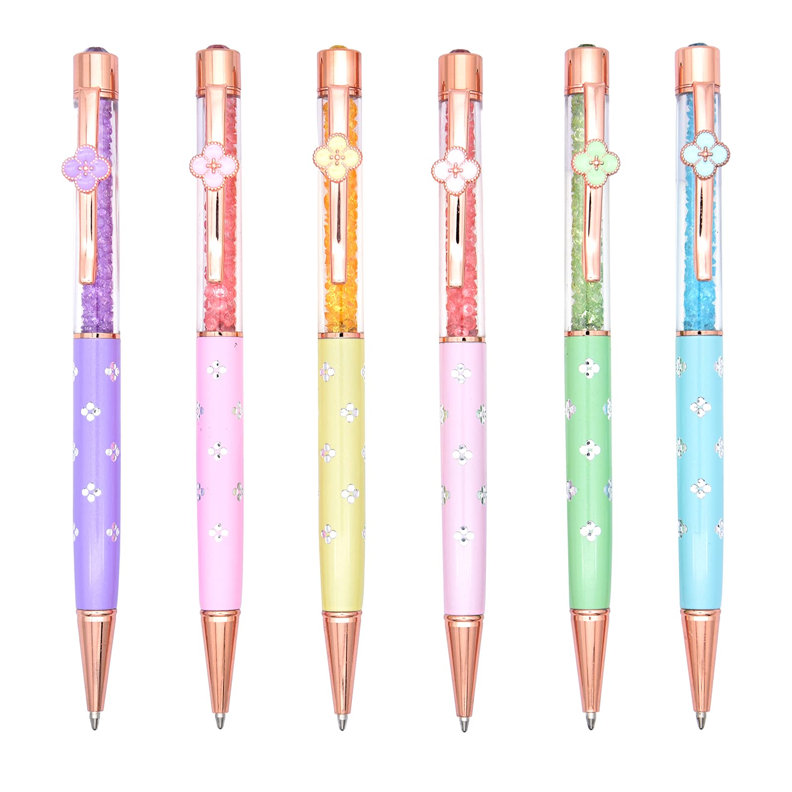 Gullor 6 Pieces Black Ink Pens Four-leaf clover crystal pen Medium Point Ballpoint Pens, Multicolored