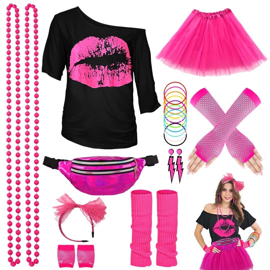 WILDPARTY 80s Fancy Dress For Women, Lip Print T-shirt, Tutu Skirt, Leg Warmers, Necklace, Fishnet Gloves, Earrings, Neon Costumes Accessories for Retro Theme Party Cosplay — image 1
