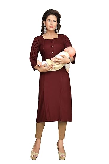 Women's Rayon Maternity/Nursing/Easy Feeding/Breastfeeding/Kurti/Straight Kurta/Dress/with Zippers For PRE and Post Pregnancy (HF58)
