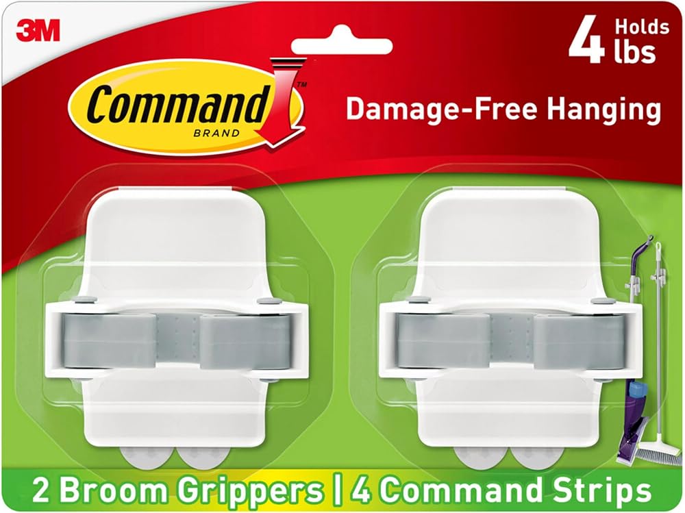 Command Broom and Mop Grippers Wall Hook 2 Hangers 4 Strips White