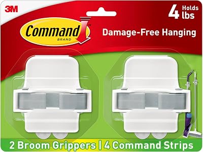 Command Broom and Mop Grippers Wall Hook 2 Hangers 4 Strips White