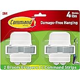 Command Large White Broom Grippers, 2 Broom Grippers, 4 Strips | Damage-Free Hanging Wall Mount Broom and Mop Holder, No Tools Holiday Cleaning Organizer, Holds up to 4 lb