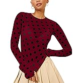 Sujama Polka Dots Lace Mesh Tops for Women Sheer Long Sleeve Top Sexy Crew Neck See Through Shirts Party Club Night Blouses