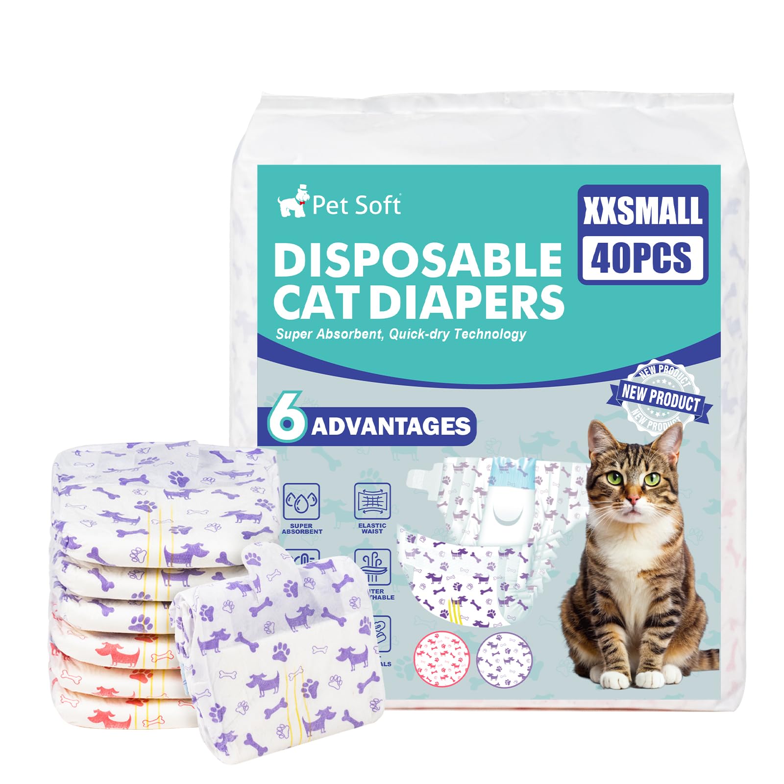 Photo 1 of Pet Soft Disposable Cat Diapers - Puppy Diapers for Female & Male Cats with Wetness Indicator, Super Absorbent, Fit for Pet in Heat or Incontinence, 40pcs (XXS, Mixed)