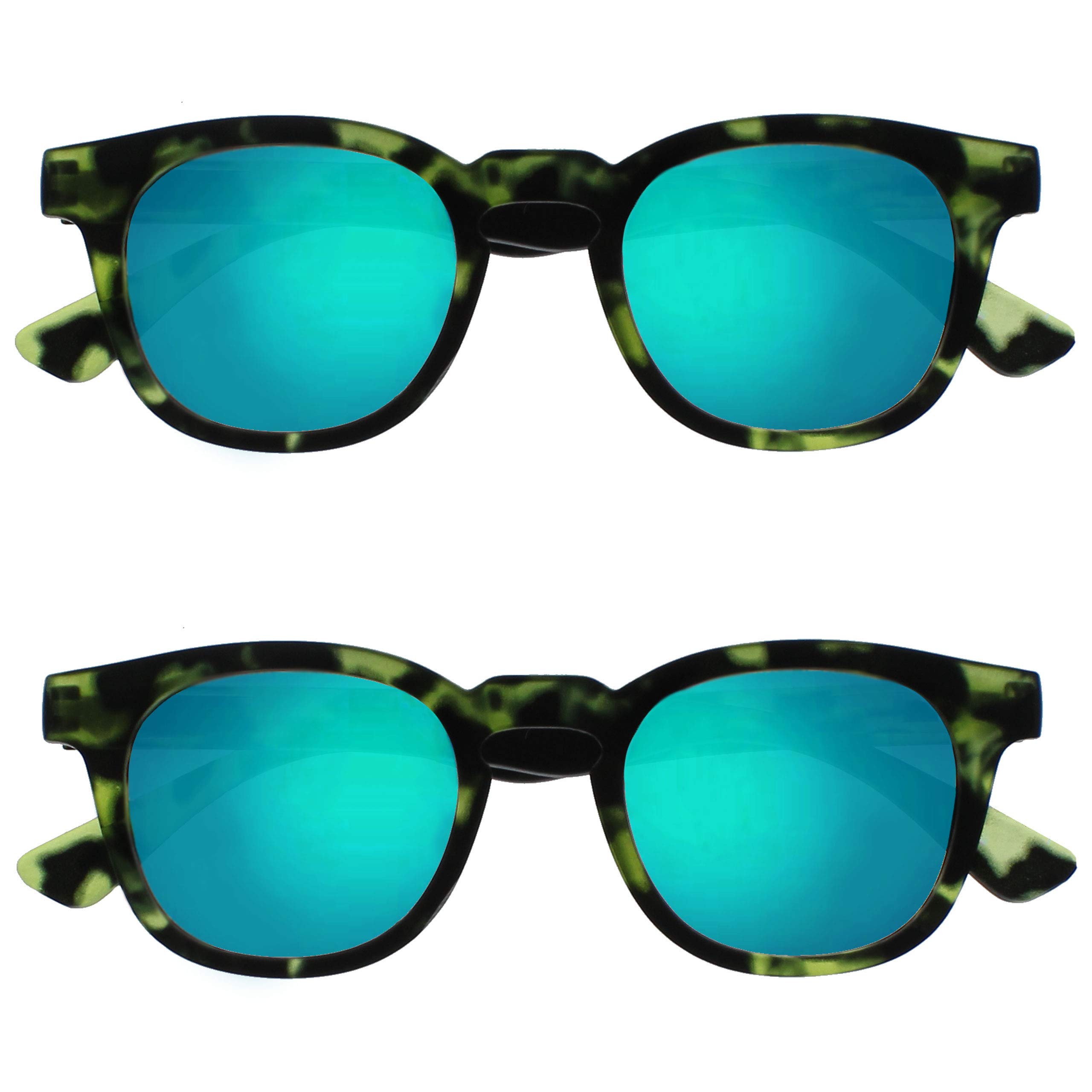 OPULIZE Bay Reading Sunglasses 2 Pack Cool Thick Round Frame UV400 Protection Mirrored Lens Spring Hinges Matt Green Tortoiseshell Mens Womens SS97-6 +2.00