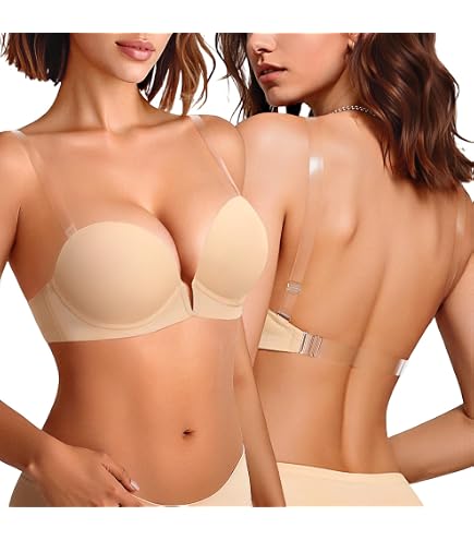 WABEOR Low Back Bra for Backless Dress Clear Straps Deep U Plunge Bras for Women Push Up Invisible Backless Bra Longline Bras A-Beige at Amazon Women's Clothing store