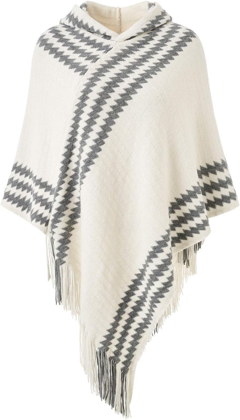 Ferand Women's Hooded Zigzag Striped Knit Cape Poncho Sweater with Fringes