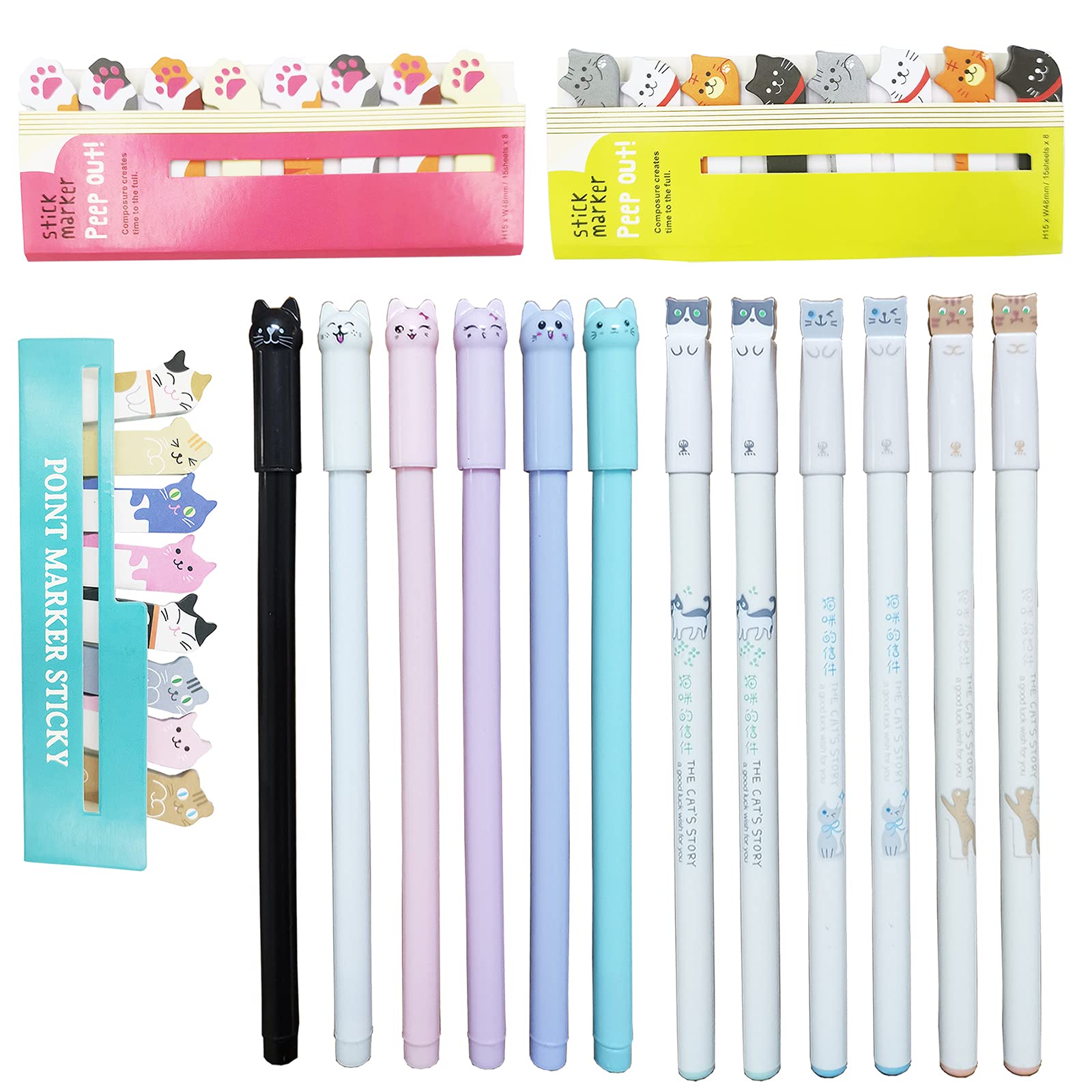 DUGYIRS 12 Pieces Cat Creative Gel Pen and 3 Pieces Cute Cat Sticky Notes for Cat Lovers Home Office School Women Kids Gift(Writing Black)