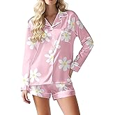 Ekouaer Satin Pajama Set for Women Button Down Pj Set Long Sleeve Top and Shorts 2 Piece Loungewear Summer Soft Sleepwear