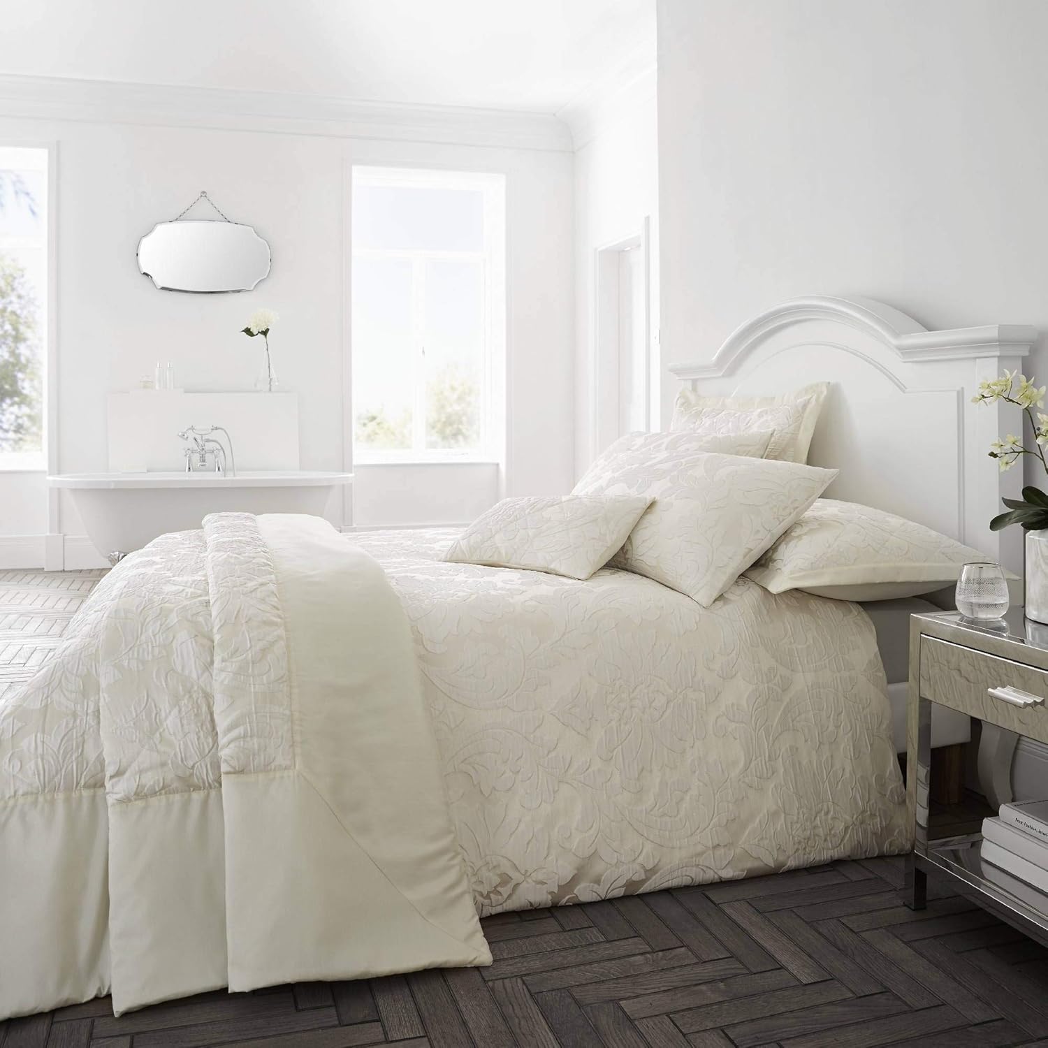 Happy Linen Company Luxury Jacquard Floral Damask Flock Ivory Super