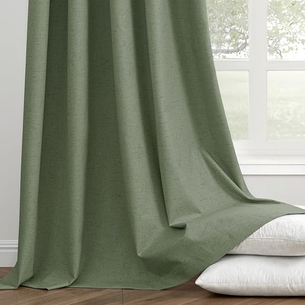 EMEMA OLIVE GREEN LINEN BLACKOUT CURTAINS 96 INCHES LONG 2 PANELS SET FOR BEDROOM BACK TAB THERMAL INSULATED 100% BLACK OUT DRAPES PINCH PLEATED HOOKS ROOM DARKENING WINDOW CURTAIN FOR LIVING ROOM